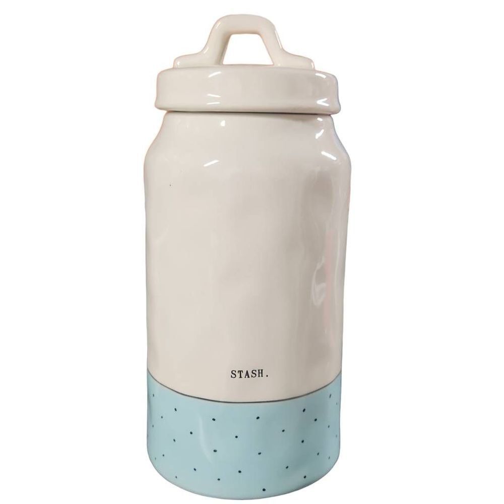 Rae Dunn White Blue Black Dot "Stash" Ceramic Kitchen Canister